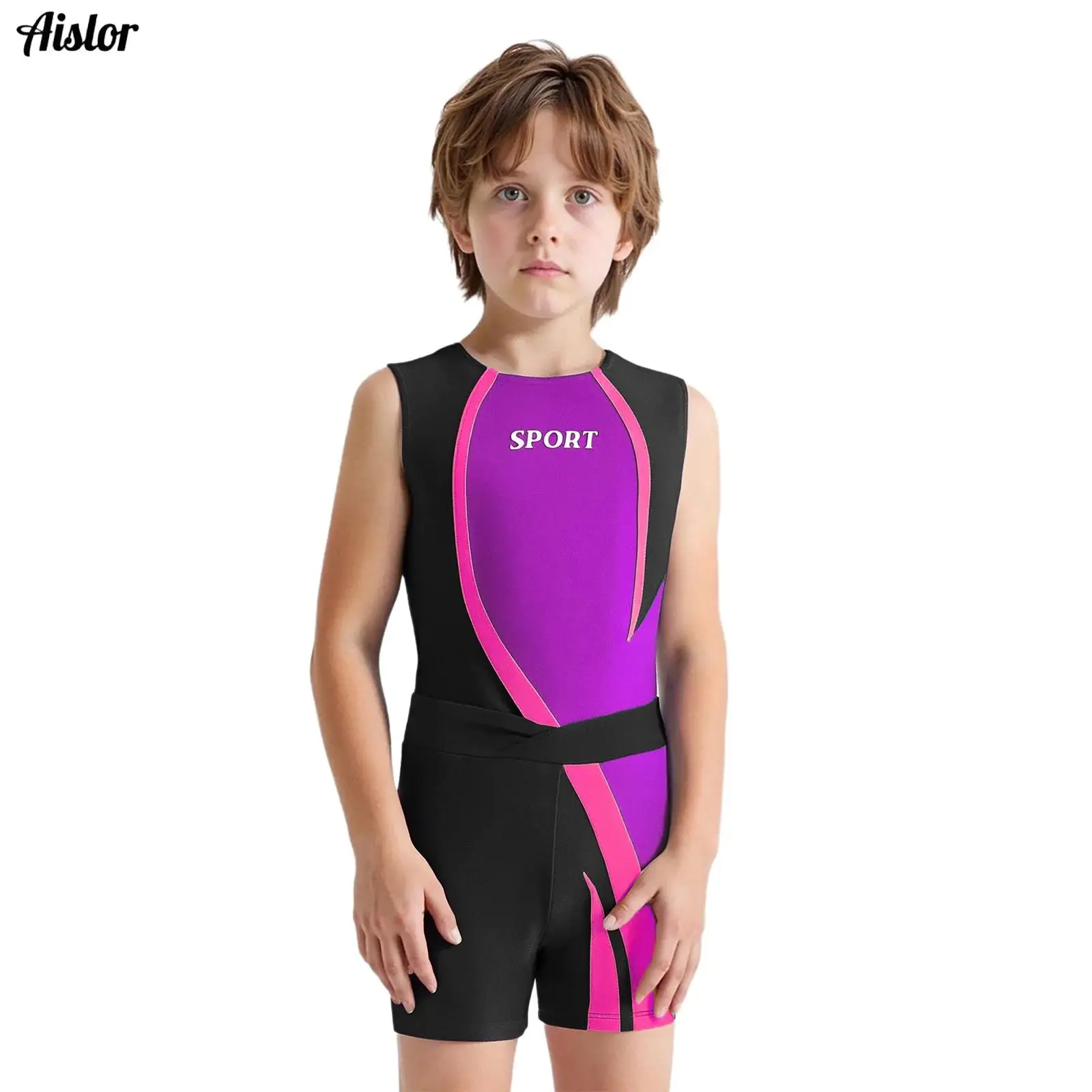 

Детский гимнастический танцевальный костюм для мальчиков, купальник без рукавов с буквенным принтом и шортами с V-образным вырезом спереди, спортивный спортивный костюм, купальник