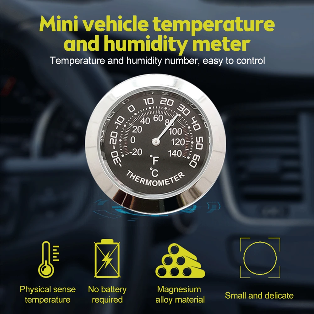 TH30 Mini Round Car Dashboard Thermometer Humidity Gauge Vehicle Thermometer Decoration Temp Monitor Meter Analog Hygrometer