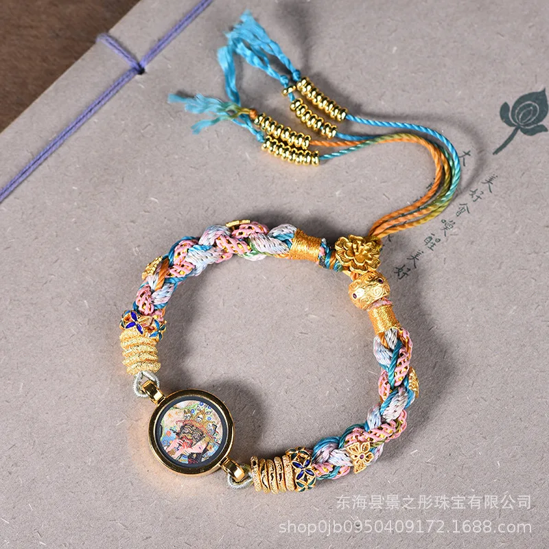 Hand-Woven New Chinese Tibetan Ethnic Style Zachilam Thangka Yellow God of Wealth Carrying Strap Women's Bracelet Retro Carrying