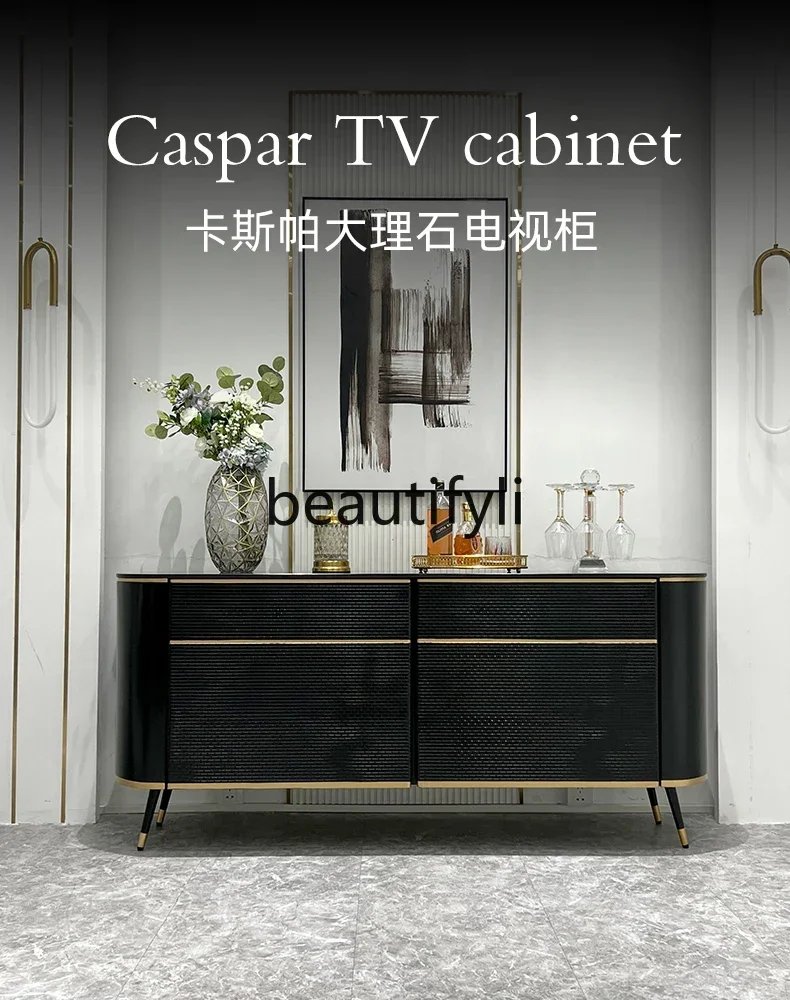 

02 Light luxury TV cabinet Small apartment Living room storage Solid wood dining side cabinet Marble storage cabinet