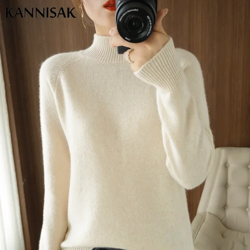 2024 Autumn Winter Thick Warm Sweater Women Half High Collar Cashmere Sweater Korean Solid Green Casual Basic Pullover Knitwear