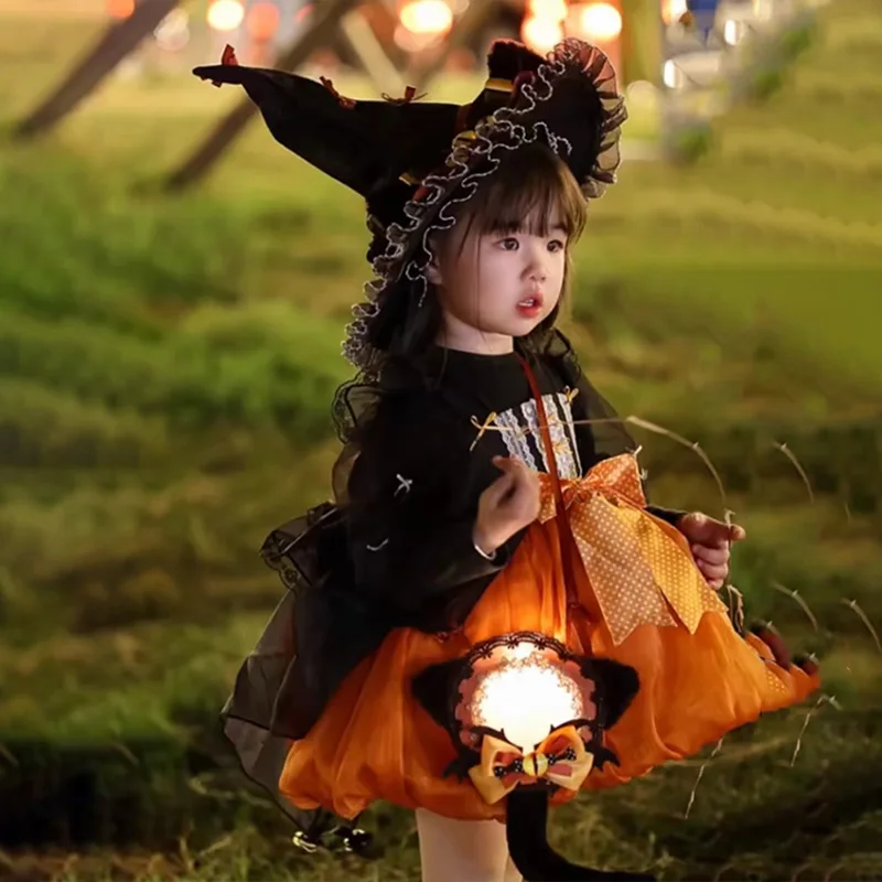 Halloween Lolita Dress A Girl's Glowing and Fluffy Skirt Witch Hat Pumpkin Layered Dress Princess Mesh Skirt Holiday Gifts