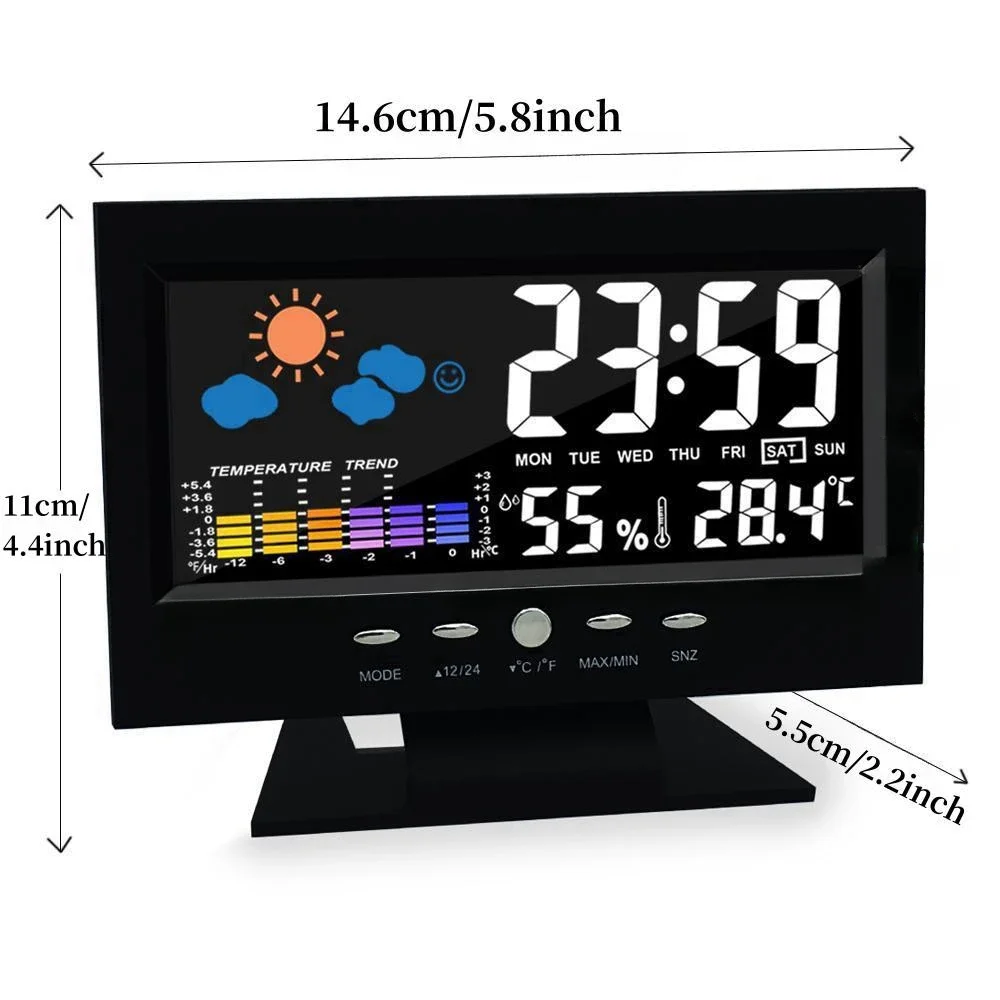 Voice Control Digital Alarm Clock Date Week Temperature Humidity Weather Forecast 12/24H Electronic LCD Clock for Living Room