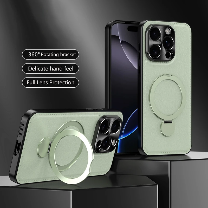 

For IPhone 16E 15 14 Pro Max Leather Phone Case Wireless Charging Shockproof Silicone Cover Cases Metal Holder Bracket