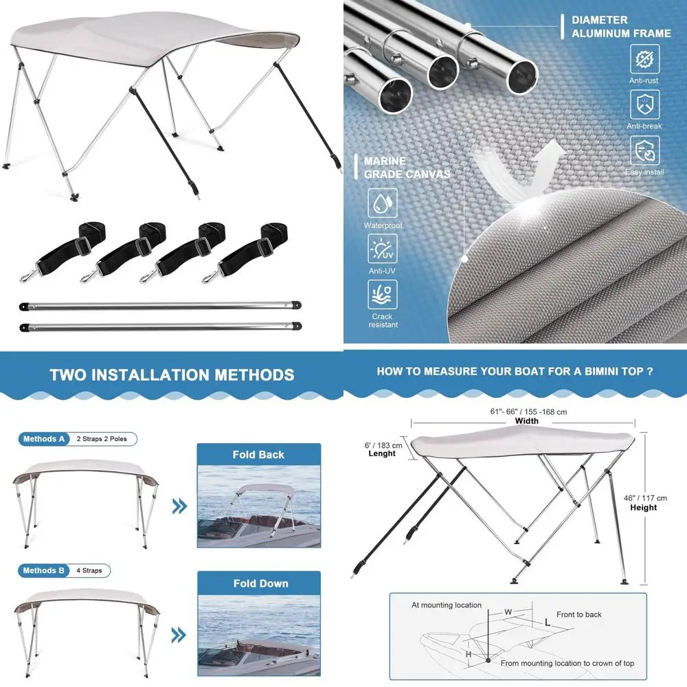

Gray 900D Canvas 3 Bow Bimini Top Cover, Adjustable Straps, Support Bars, Mounting Hardware, Storage Included