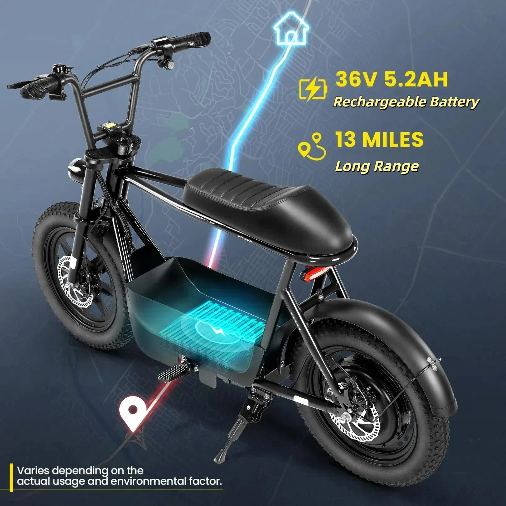 Scooters elétricos Peak 819W com assento para adultos, pneu gordo de 16" para todo terreno, scooter ebike para adolescentes, com cesta de transporte