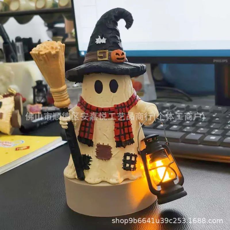 Halloween Wooden Monster Figurines LED, Light Up Pumpkin Ghost Mummy, Skeleton Statues Vintage Home Table, Party Decor Gift