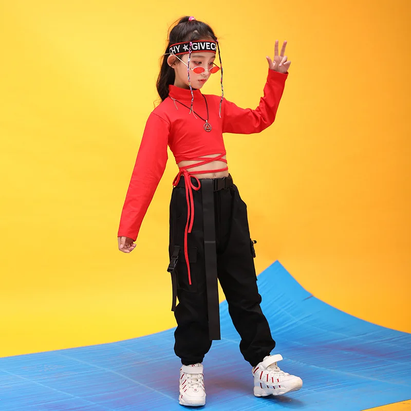 Pantalon de jogging cargo pour fille, streetwear, costume de danse, vêtements Kpop, vêtements Hip Hop pour enfant, col montant, haut court, t-shirt à manches longues