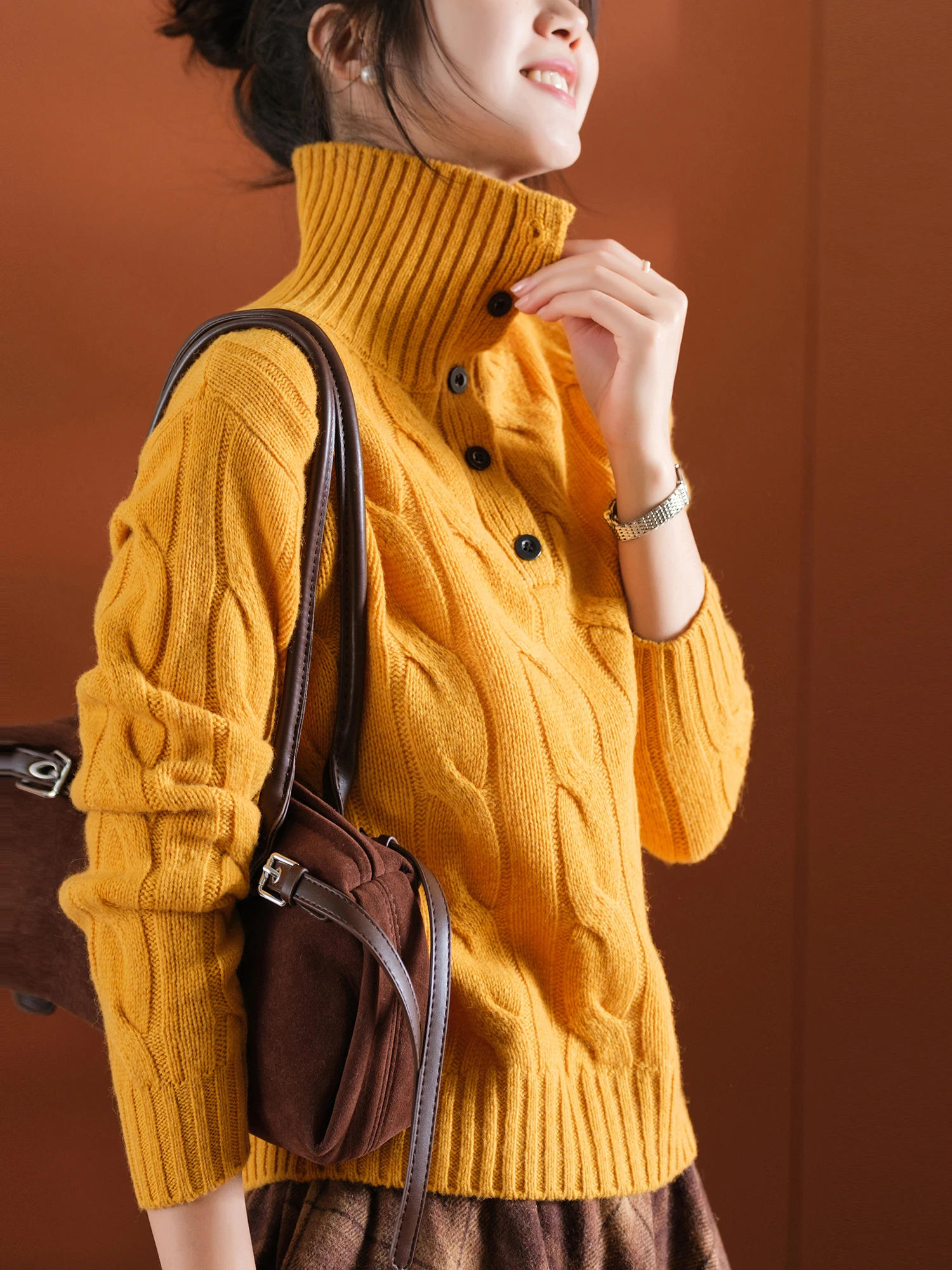 

Шерстяной свитер с окрашенной пряжей, на пуговицах, вязаный, с цветочным узором, свободного кроя, антивозрастной, китайский бренд, производство Small Ear, длинный рукав