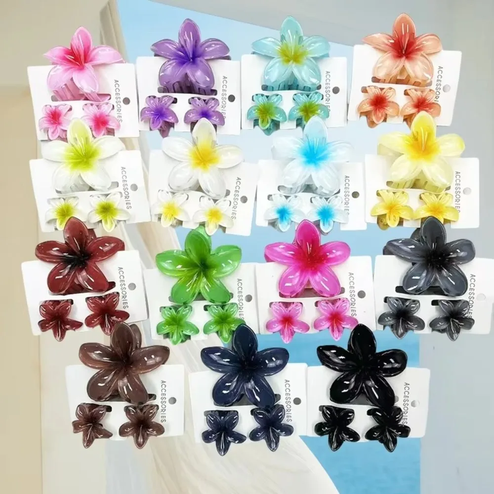 3-teiliges Set Bunte Farbverlauf-Haarklammern Plumeria-Blumen Acryl Hawaiianische Blumen-Haarspangen Strand-Haarnadeln