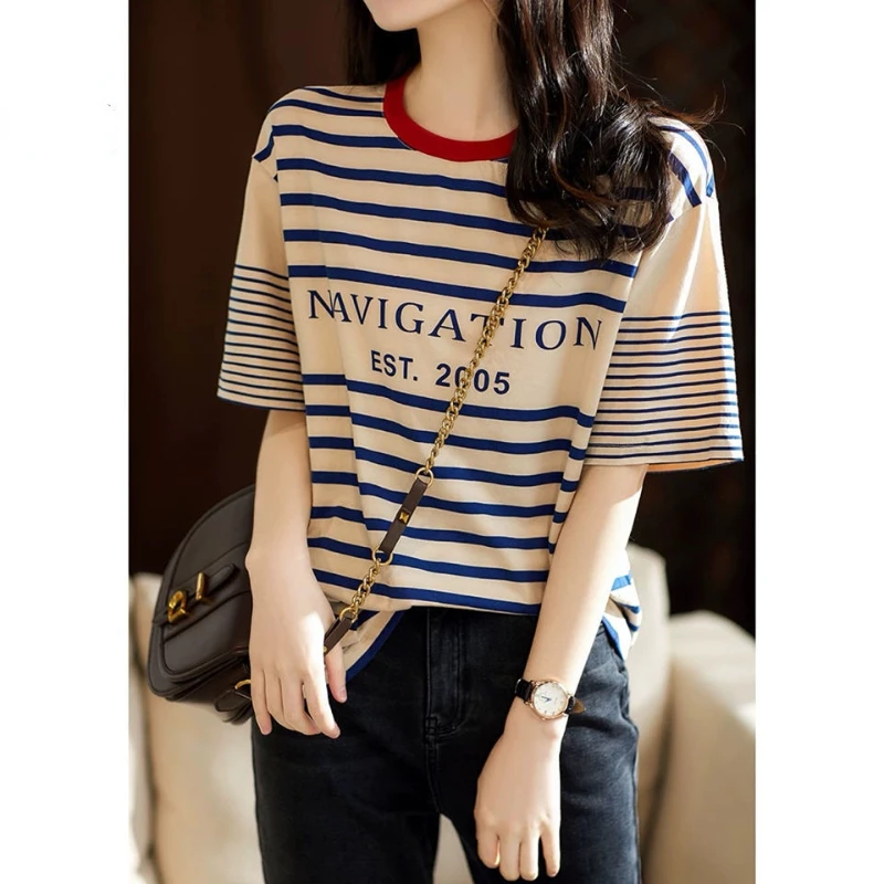 Spring Summer New O-Neck Letter Printing Short Sleeve Cotton Striped T-shirt Women\'s Clothing Loose Fashion Casual Tops