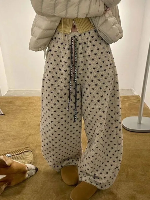 

Thickened Fleece Winter Casual Pants Women's High Waist Drawstring Korean Style Polka Dot Wide Leg Pants Street Style Warm