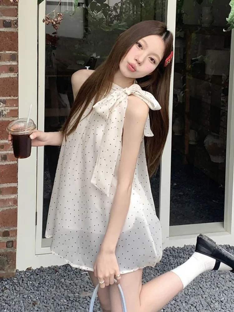 Elegant Knot Neckline Casual Loose Women's Top Spring Season Polka Dot Strap Vest Stylish Outfit Casual Style