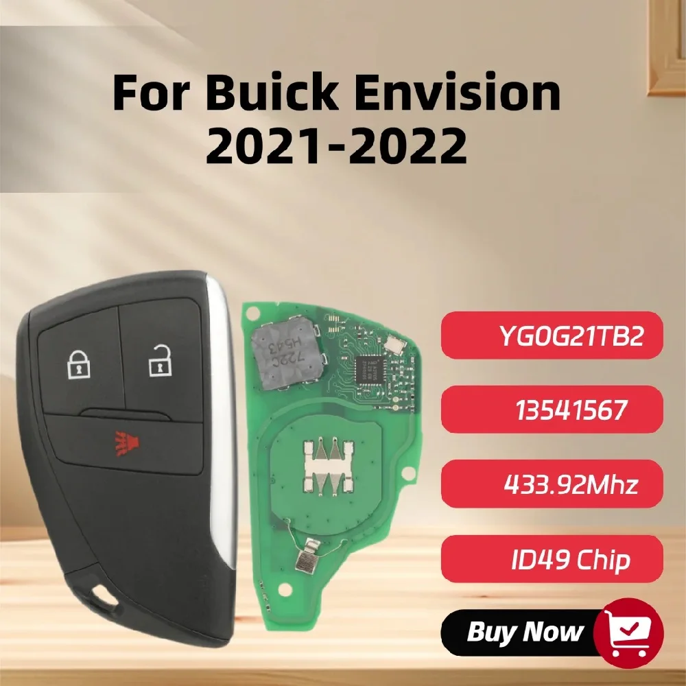 

Jingyuqin 3 кнопки смарт-карта ключ дистанционного управления аксессуары для Buick Envision 2021-2022 433,92 МГц ID49 чип 13541567 YG0G21TB2