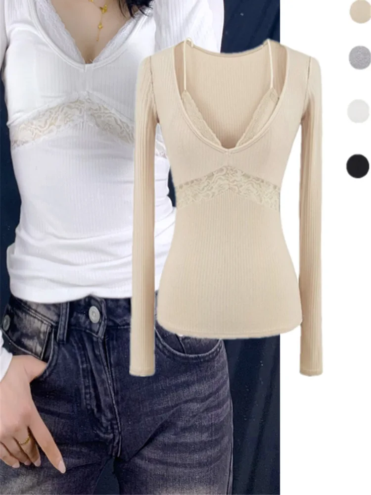 Pure Desire Sexy Long Sve T-irt Lace Hollow out Splice Slimming Waist Top for Women Street Sle ort Sve V Ne