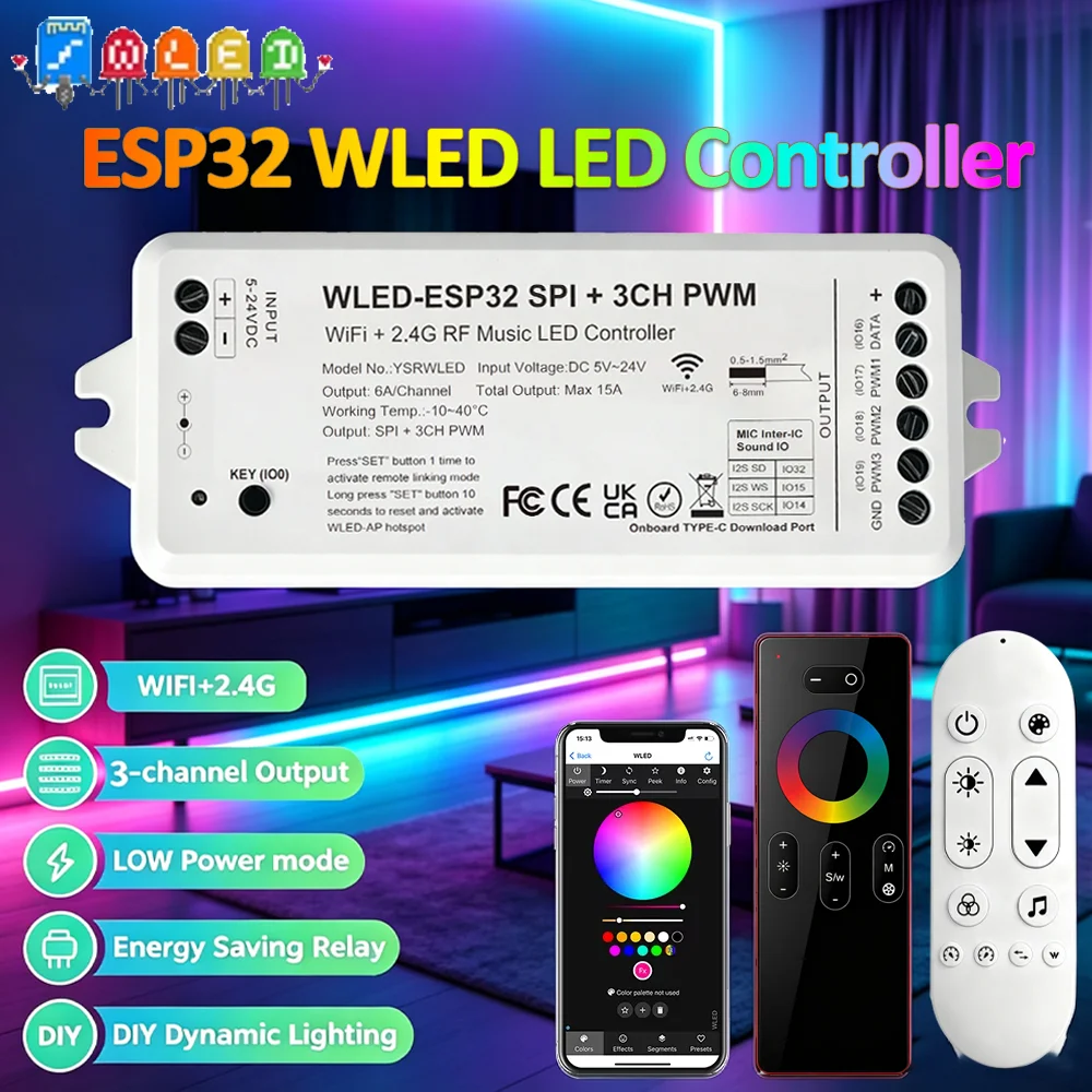 ESP32 WLED Digital LED Controller RGB IC DIY APP Remote Control Mic RGB IC Digital Lights Addressable String Light WS2811 WS2812