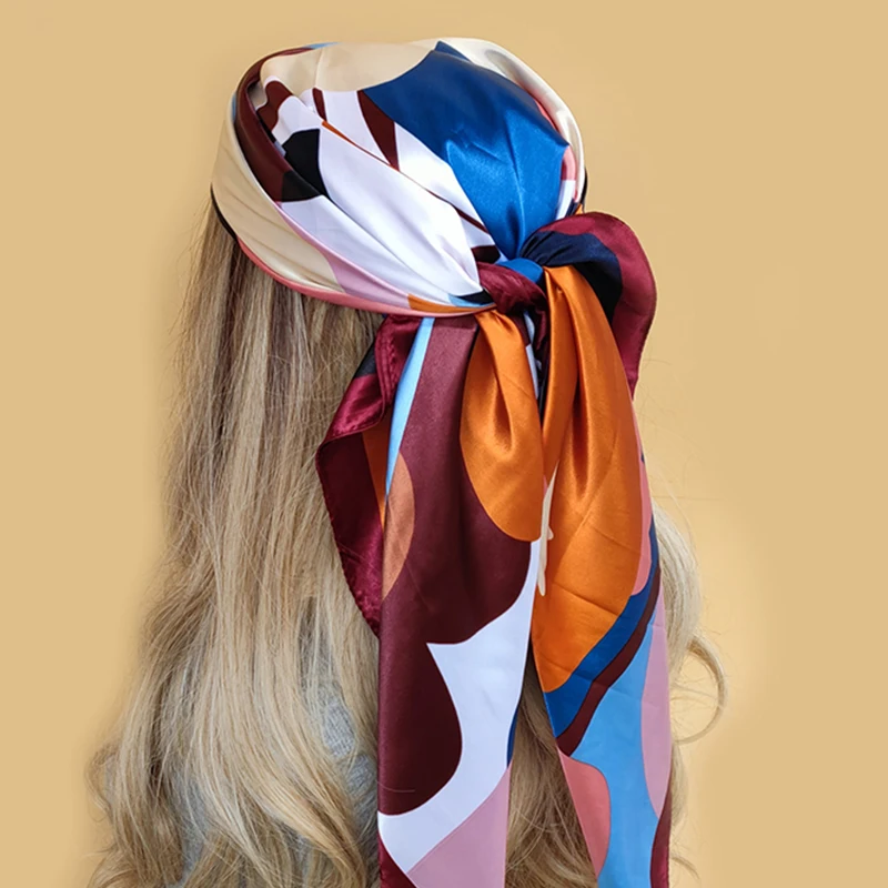 90X90CM Fashion Kerchief Silk Satin Neck Scarf Women Print Hijab Female Square Shawls Wraps office Lady muffler bandanna