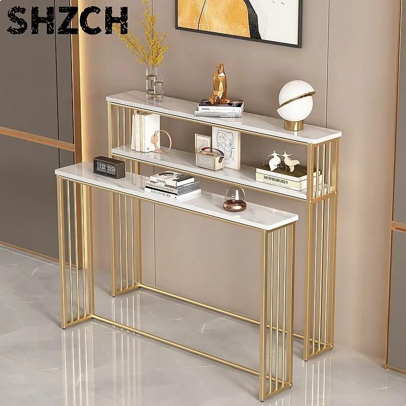 Luxury Gold Narrow Floor Standing Console Table Multi-Purpose Sofa Back Storage Organizer for Living Room