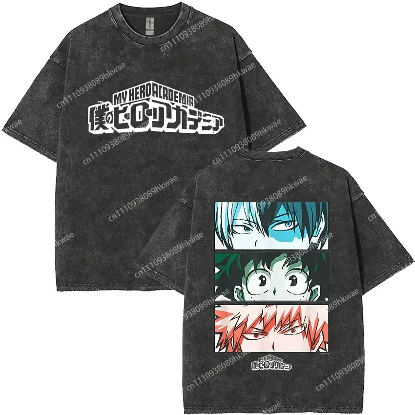 My Hero Academia Trio Eyes Print T-shirt Black Washed Oversized Cotton Casual Streetwear Tee For Fans
