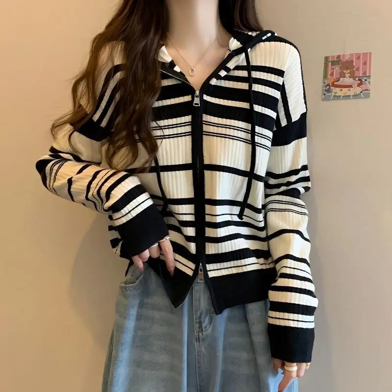 

Female Clothing Casual Hooded T-shirt Striped Chic Zipper Spring Autumn Long Sleeve Korean Drawstring Vintage Knitted Pullovers