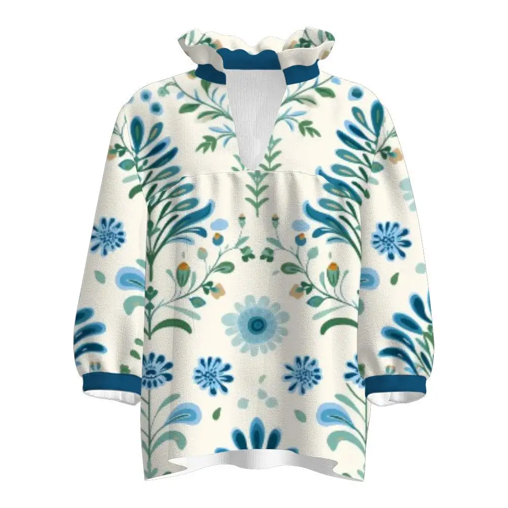 Femmes imprimé col montant irt mi SVE haut trajet Sle Polyester fibre cinq Sve longueur régulière mince