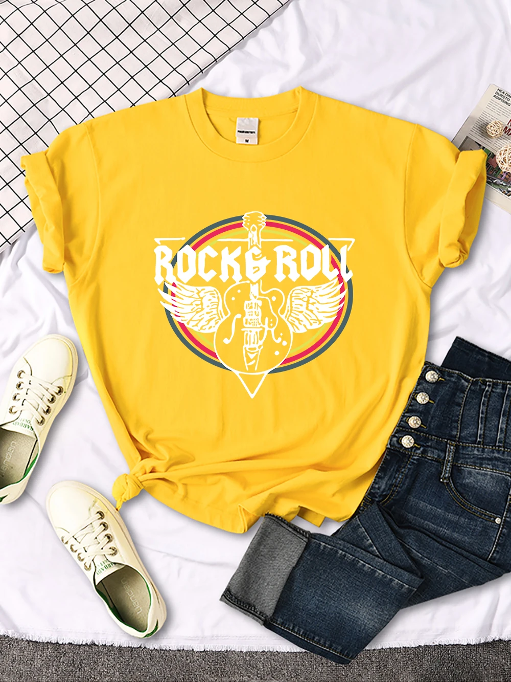 Rock Roll Electric Guitar Printed T-Shirt Women Casual Comfortable Tops Breathable Cool Short Sleeve O-Neck Street Tee Clothing