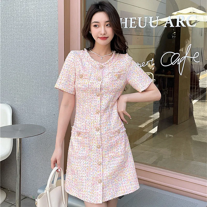 

French Elegant Pink Coarse Tweed Dress Women's Summer New Temperament Slim Fit Single breasted Short sleeved Round Neck Dresses