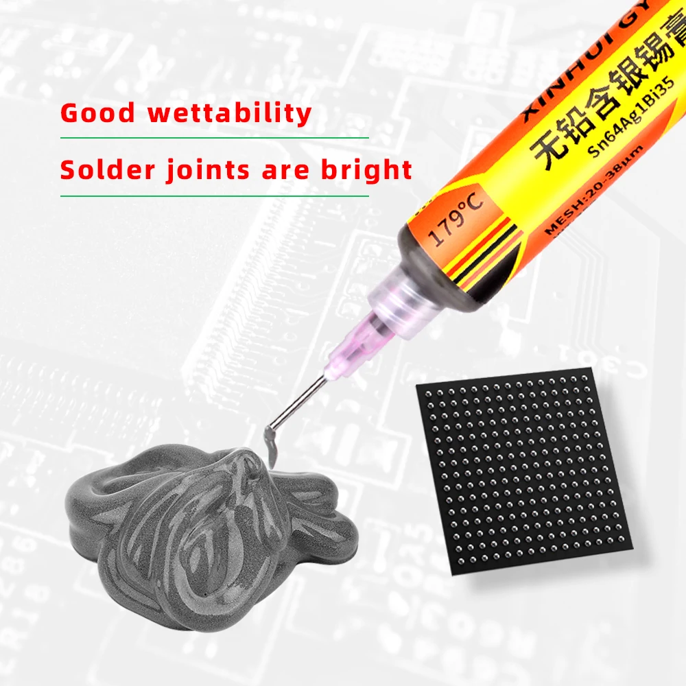 179°C Eutectic Sn64Ag1Bi35 Lead-Free Syringe Solder Paste | Mid-Temp Silver-Bismuth Alloy for Precision BGA/SMT