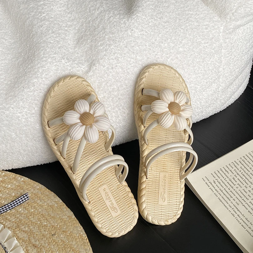 2024 New Flower Women's Shoes Summer Straw Slippers Ethnic Style Casual Fashion Roman Shoes Beach One-Flop Roman Shoes