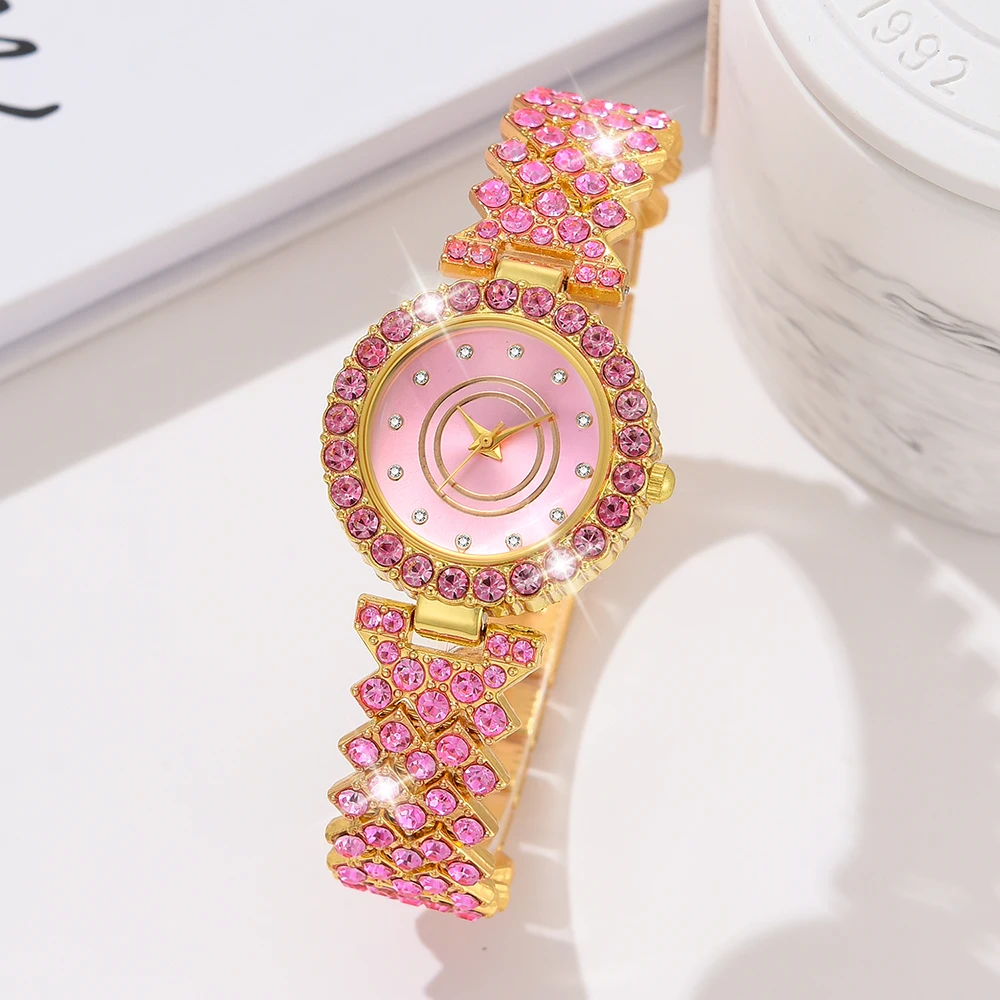 Women Pink Watch 5PCS/Set Fashion Light Luxury Dial Wristwatch Alloy Strap Quartz Watch Heart Shaped Jewelry Set Gift For Her