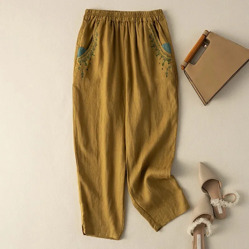 

Cotton Linen Retro Embroidered Radish Pants Female Summer New Elastic Waist Harun Pants Loose Solid Color Joker Casual Pants