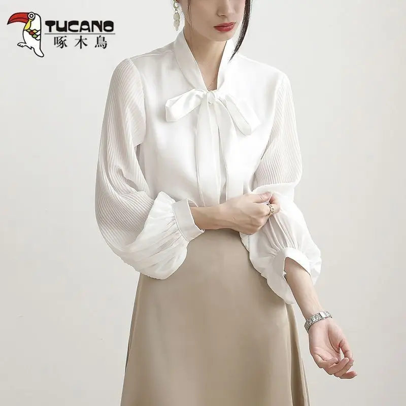 

Chiffon Shirt for Women Long-sleeved Spring and Autumn New High-end Professional Bow Streamer Top