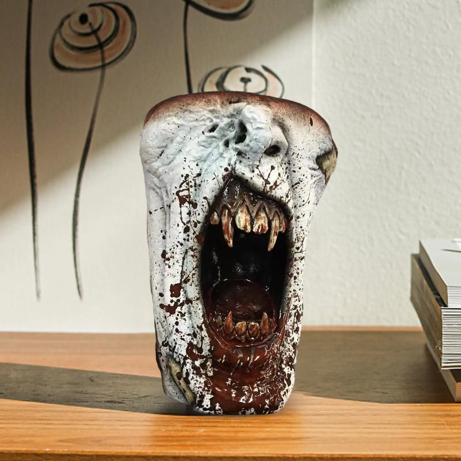 Halloween Horror Mug Statue Creative Sculpture Gothic Table Decor Spooky Half Face Mug Figurine Resin for Indoor Living Room