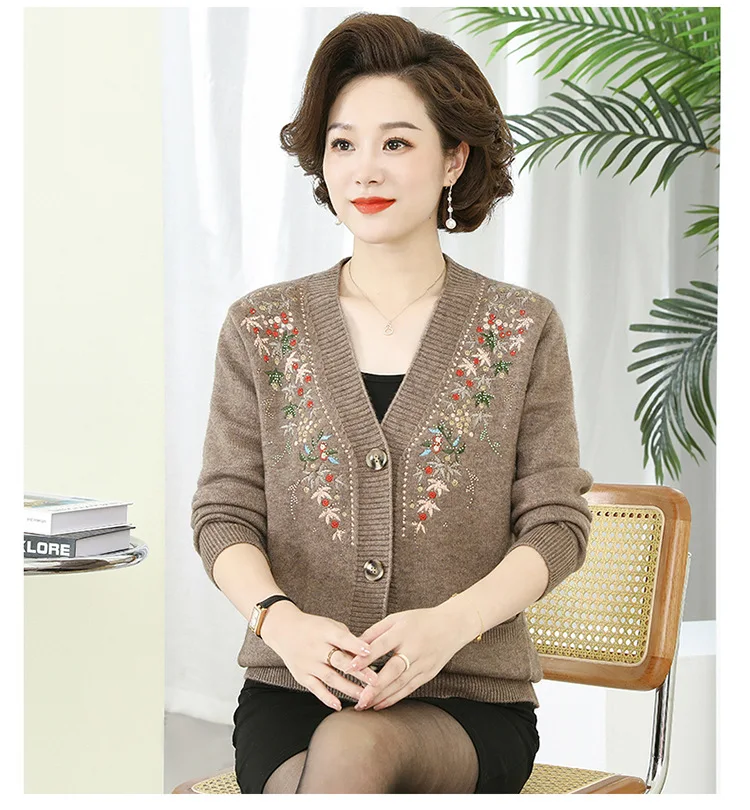 Spring Autumn Women\'s Knitted Cardigan Jacket Long Sleeve Loose V-Neck Button Sweaters Coat Retro Middle Aged Mother Clothing