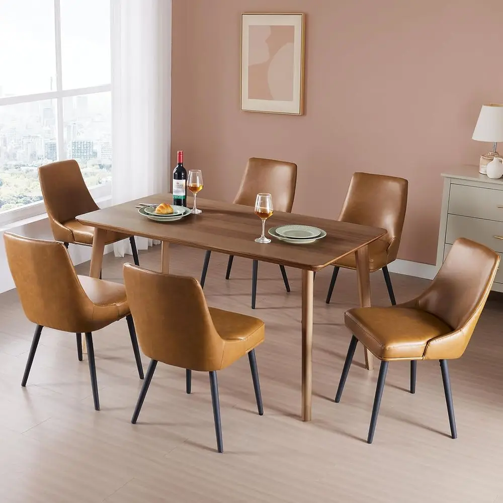 

Upholstered Dining Chairs Set of 6 with Thick Cushions and Curved Backs, Synthetic Leather - Brown, Dining Room Furniture