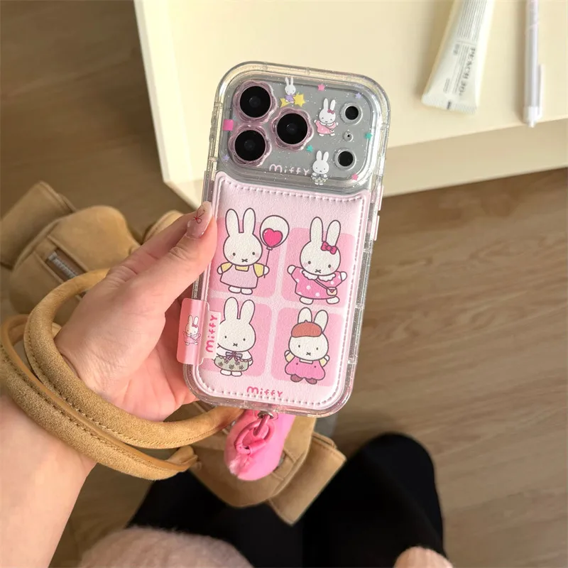 

Korean Cute Laser Rabbit Pink Phone Case For iPhone 17 Pro 16 15 14 Pro Max Cover with 3D Plush Bunny Cartoon Cases For Girls Ca
