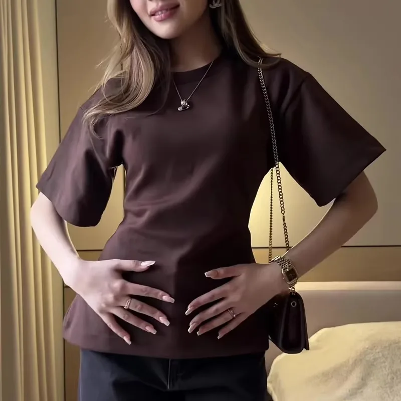 Women Solid Casual Cotton T Shirt Spring Summer Short Sleeve Streetwear Waist Cinching Crop Top Y2k