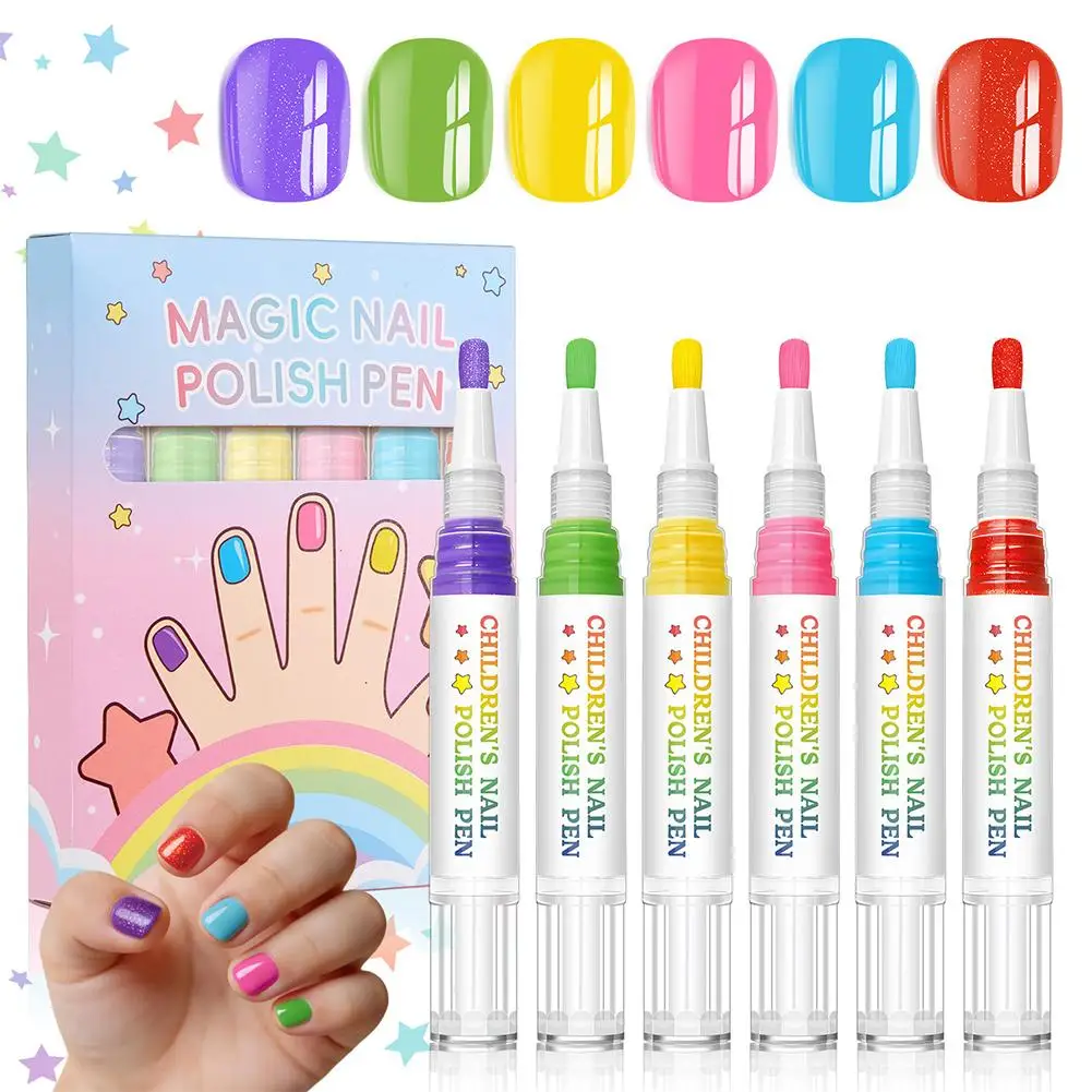 6 Colors Kids Nail Polish Pens Set Peel Off No UV Lamp Metallic Glitter Quick Dry Nail Art Marker Pens DIY Manicure Decor Tools