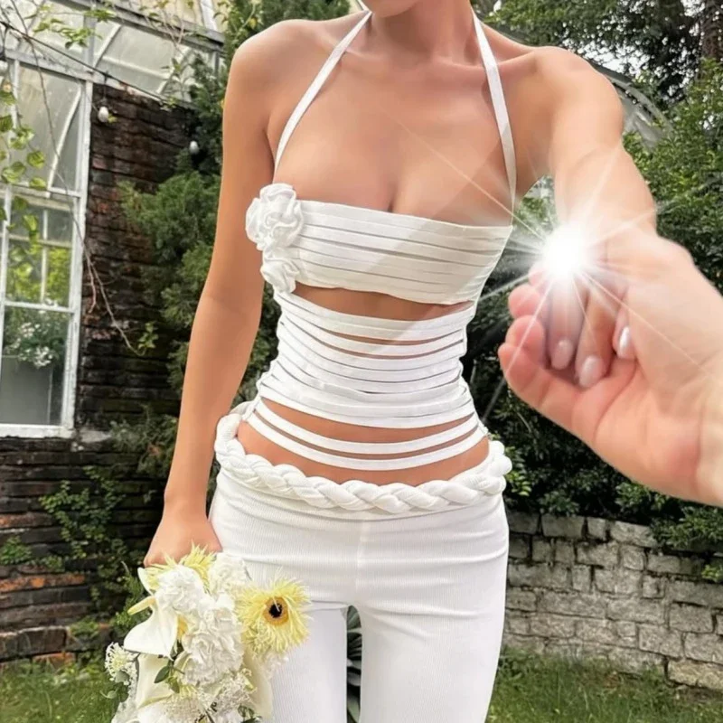 Women's Summer Halter Tank Tops Solid Color 3D Flower Sleeveless Cutout Bandage Backless Slim Fit Vest Y2K Streetwear