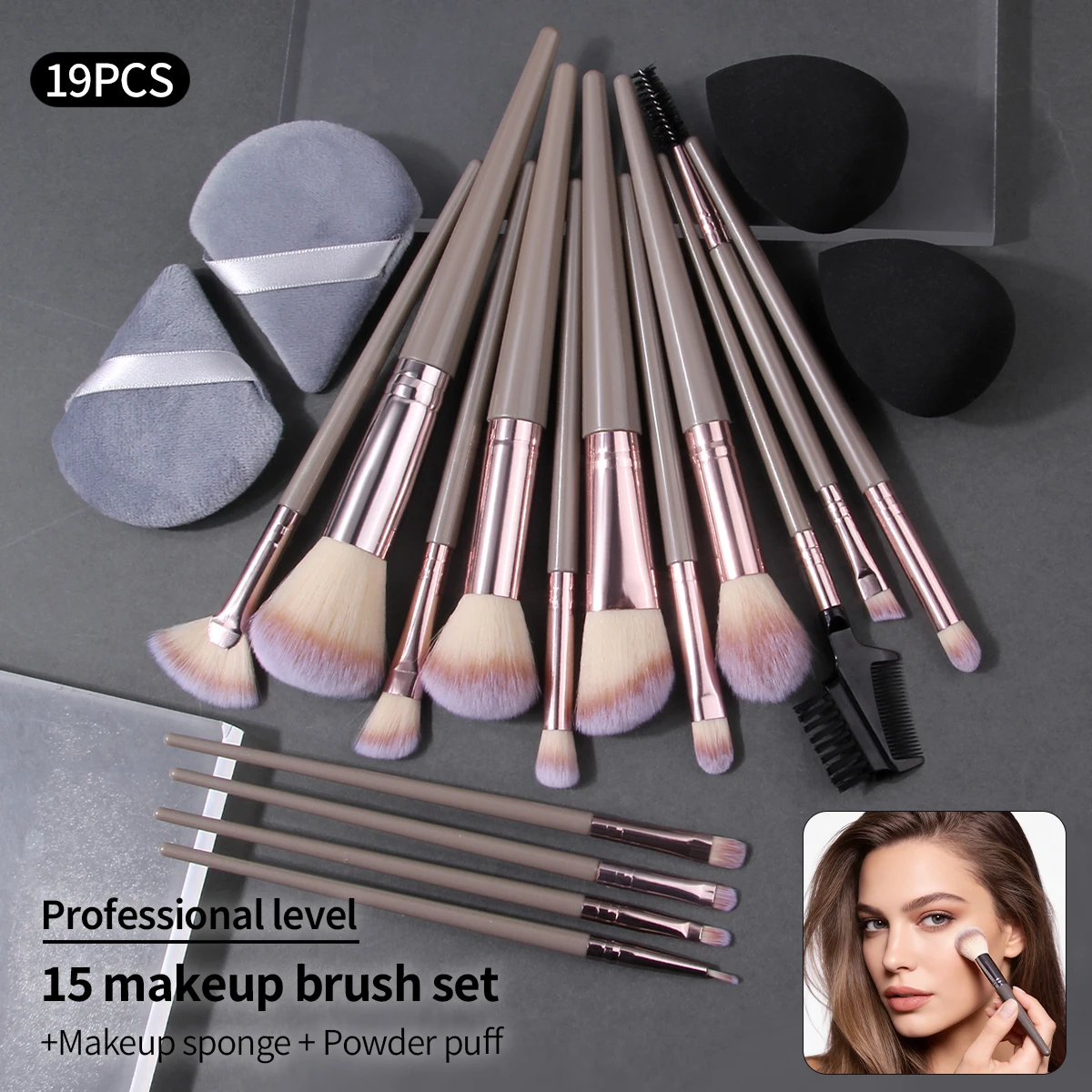 Make-up-Pinsel-Set, professionelles Make-up-Pinsel-Set, 19-teilig mit Make-up-Schwamm, Make-up-Pinsel-Set in Champagnergold, Make-up-Pinsel-Set für Lidschatten