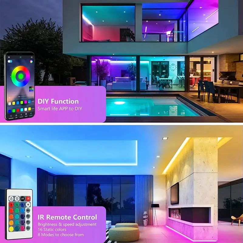 Lampu setrip LED RGB, kontrol aplikasi lampu berubah warna dekorasi kamar Bluetooth TV SMD5050 RGB pita pencahayaan pesta Natal