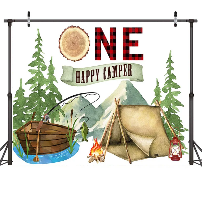 1st Birthday Backdrop Happy Camper First Birthday Party Background Bear Camping ONE Birthday Party Decoration Supplies Banner