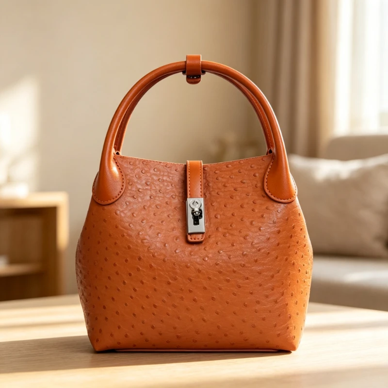 2026 New Ostrich Grain Leather Women Bucket Bag Purple Versatile Top Handle Handbag Casual Crossbody Shoulder Daily Bag