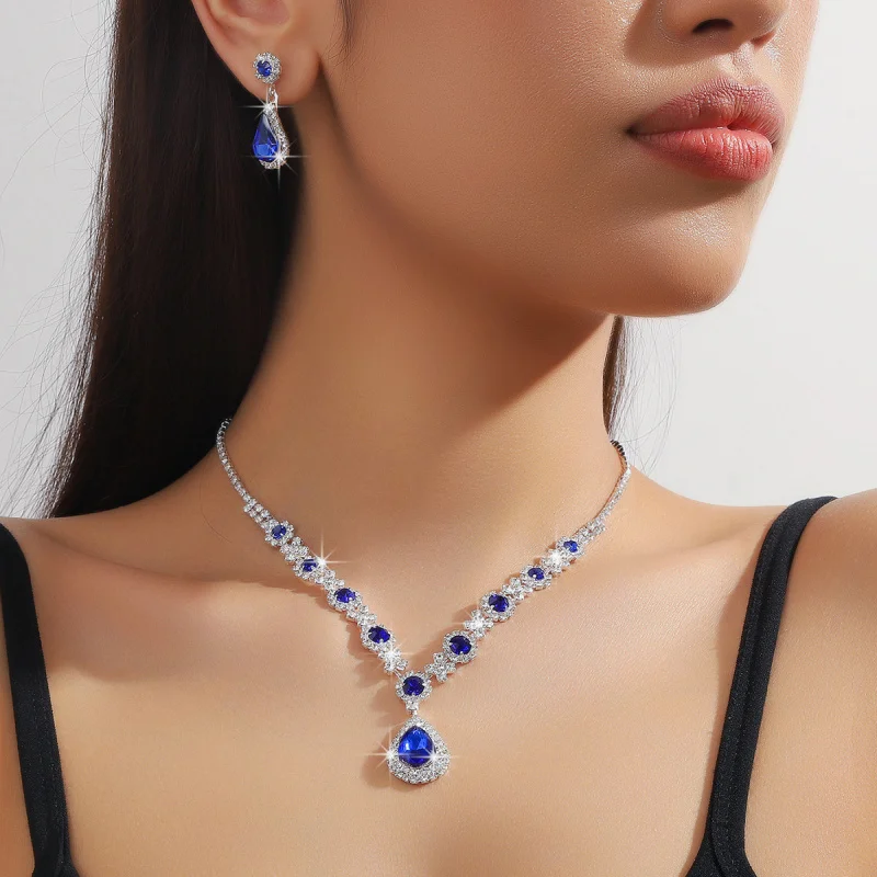 

Bridal Jewelry Women's Set Cross-border European and American Crystal Water Drop Necklace Earrings Two-piece Set Wedding Evening