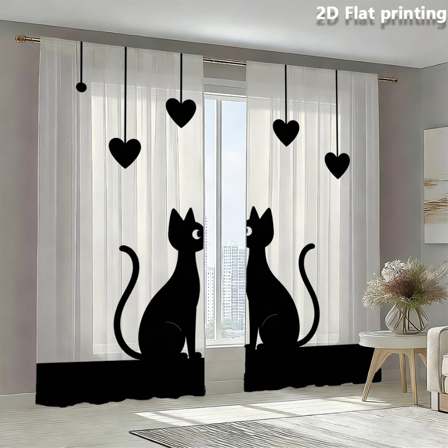 2PCS Digital Print Sheer Curtain, Black Cat Heart, Modern Minimalist Window Curtains for Living Room Bedroom Home Decor