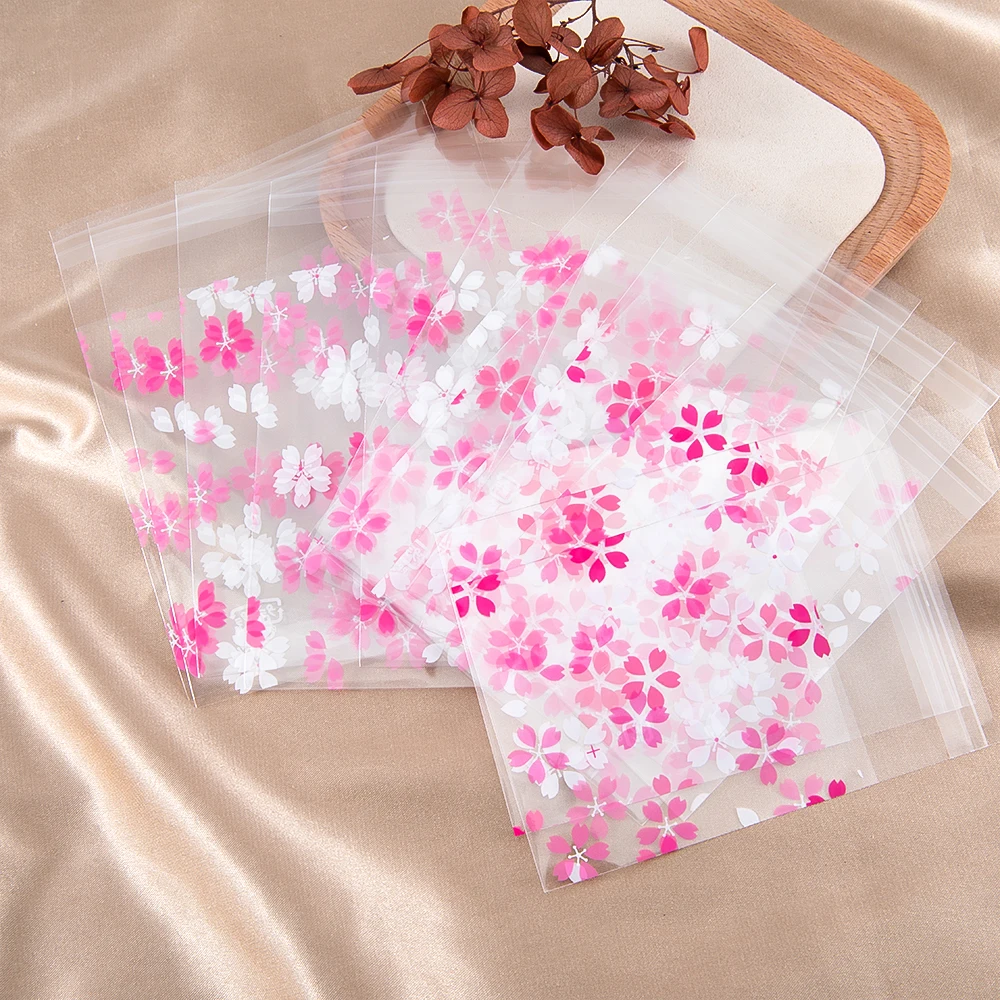 50Pcs 7x7/8x13/10x13mm Pink White Leaf Plastic Clear Gift Pouch Self Adhesive Biscuits Candy Jewelry Gift Packaging Plastic Bag