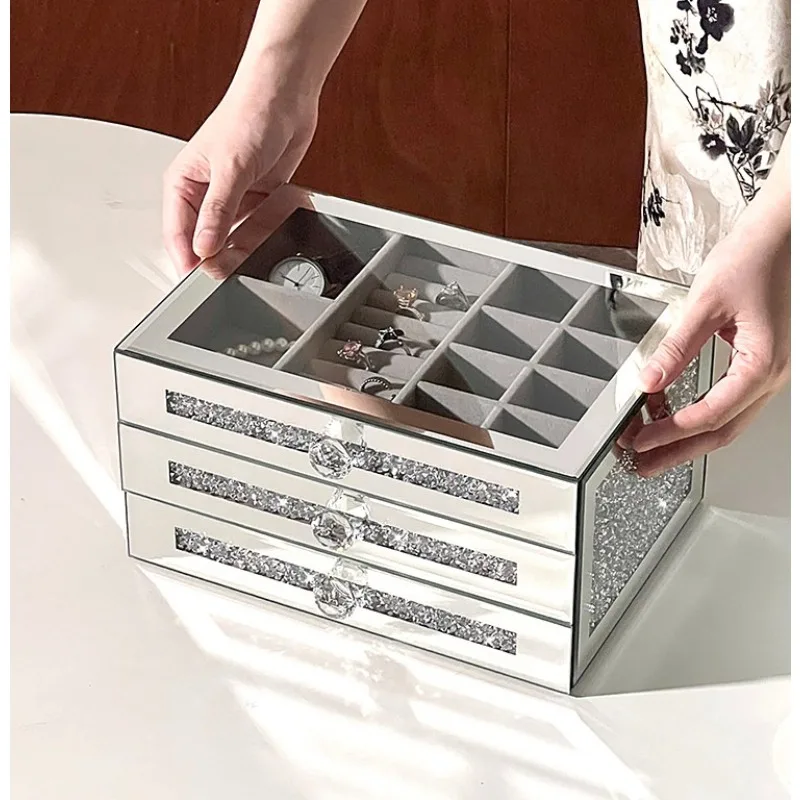 High End Exquisite Glass Jewelry Storage Box, Diamond Inlaid Multi-layer Large Capacity High-end Jewelry Box