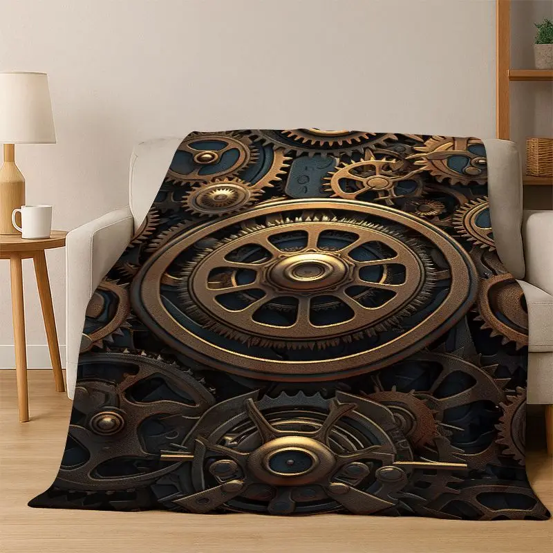 Retro Metal Mechanical Wheel Gear Flannel Blanket Soft Warm Blanket Throw Blanket for Bedroom Living Room Bed Travel Picnic Gift
