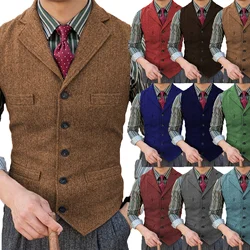 Colete casual de negócios masculino, ternos slim fit colete de Tweed espinha, lapela de entalhe, ternos de lã para casamento