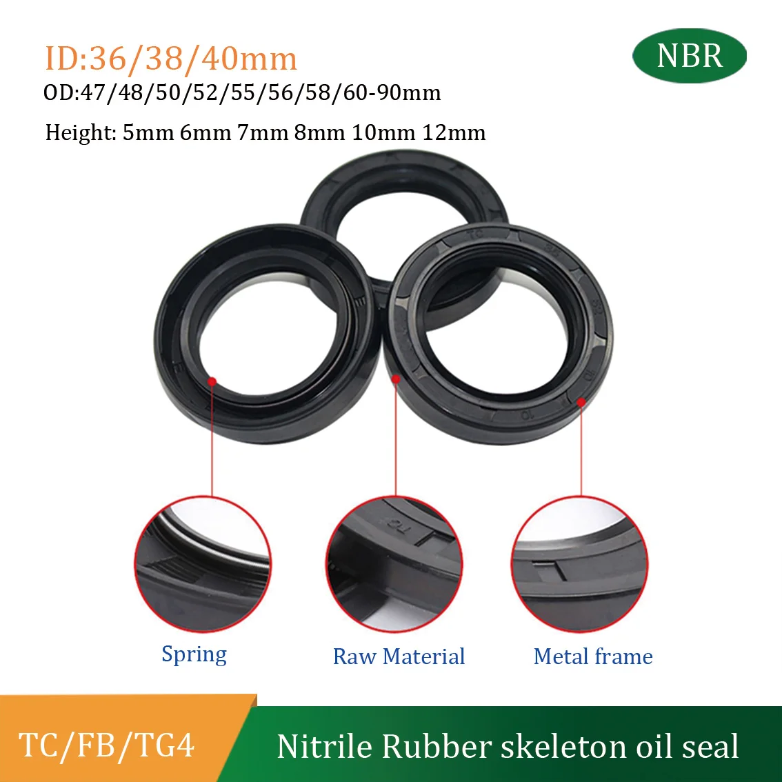 ID 36/38/40mm TC/FB/TG4 Framework NBR Nitrile Rubber Shaft Oil Seal TC-36/38/40*47/48/50/52/55/56/58/60/62/64-90*5/6/7/8/10/12mm